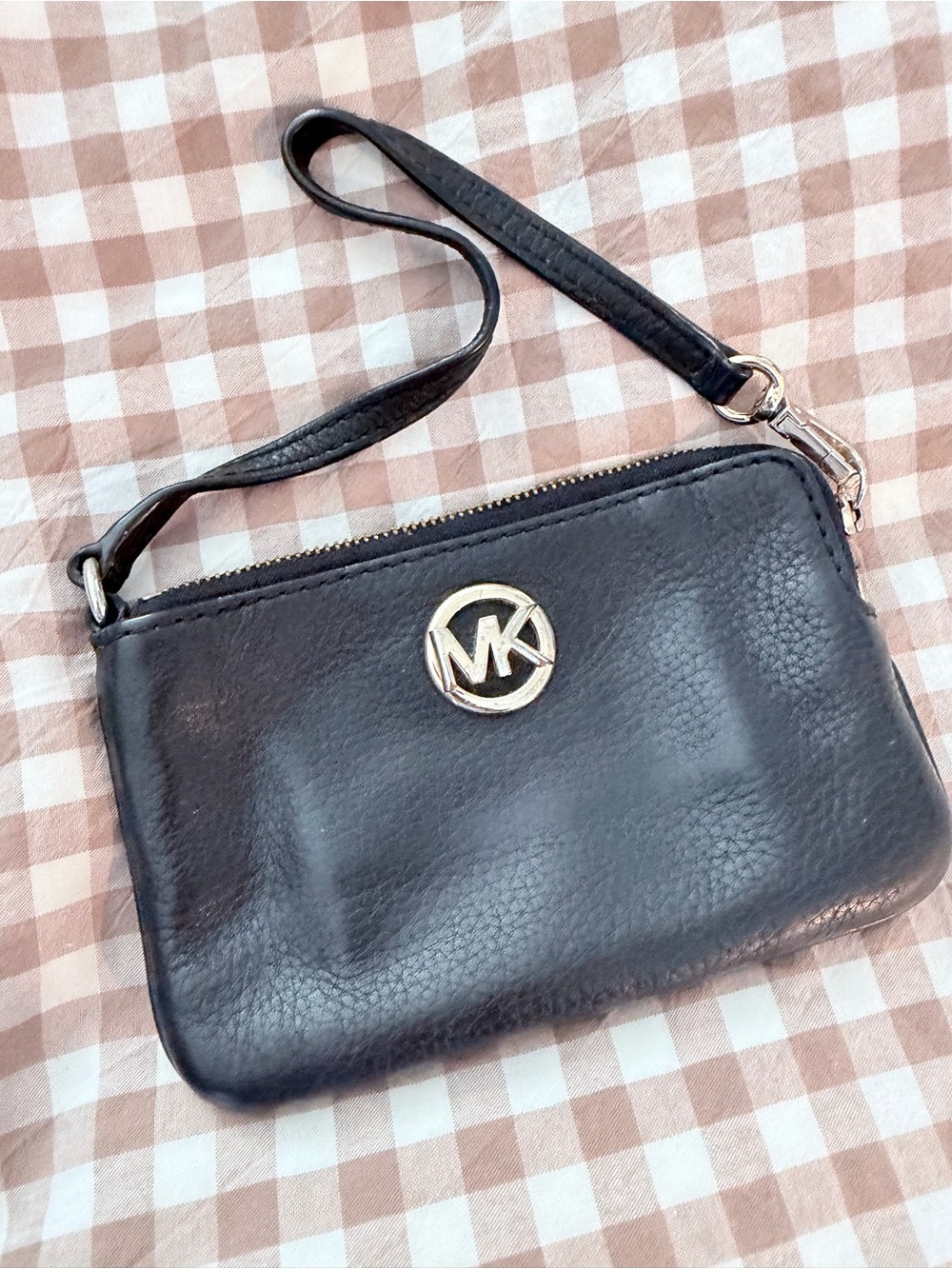 Michael Kors Black Leather Wristlet with Gold MK Accent